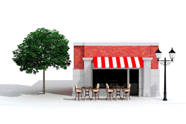 3D-Laden Ladenfront mit großen Fenstern auf weiß