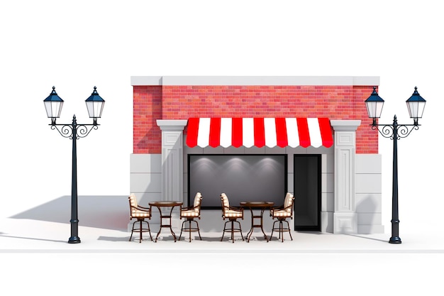 3D-Laden Ladenfront mit großen Fenstern auf weiß