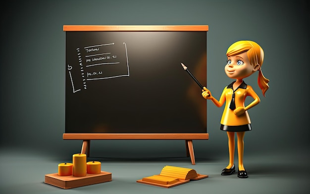 3D-Lächelnde Zeichentrickfigur einer weiblichen Lehrerin mit Tafel