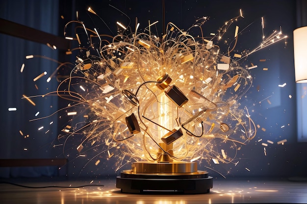 3D-Lampe, Glühbirne, die bunte Farbspritzer ausgießt. Ai-generierte Kunst