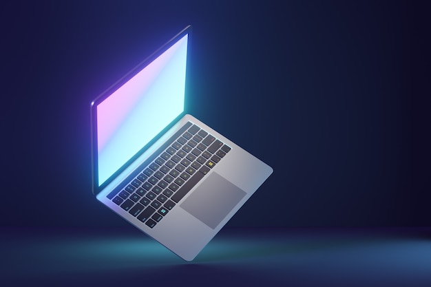 3D-Laptop-Computer mit Glühen-Bildschirm auf blauem dunklem Hintergrund. 3D-Darstellungs-Rendering.