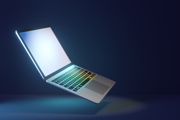 3D-Laptop-Computer mit hellem Bildschirm und LED-Tastatur auf blauem dunklem Hintergrund. 3D-Darstellungs-Rendering.