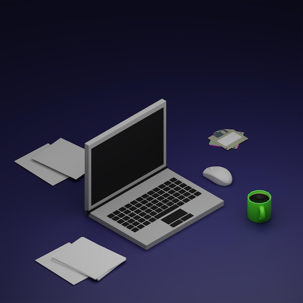 Foto 3d-laptop-computer mit kaffee