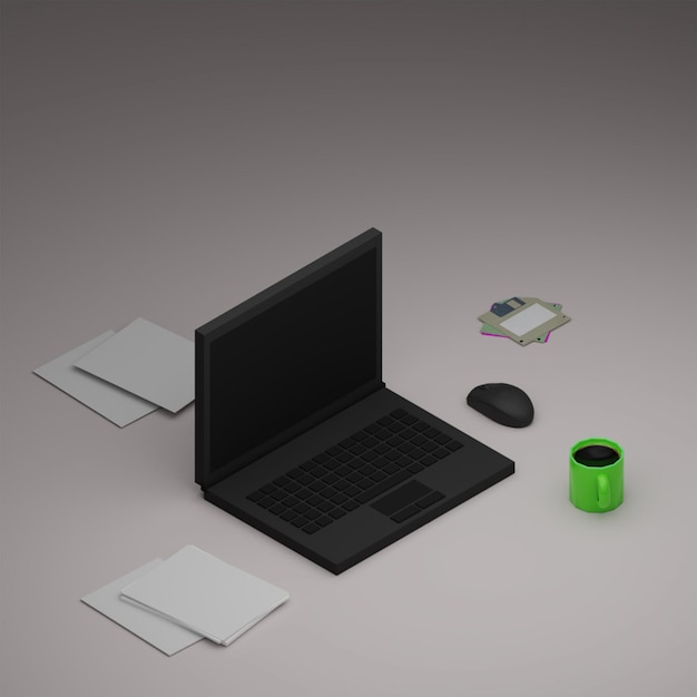 3D-Laptop-Computer mit Kaffee