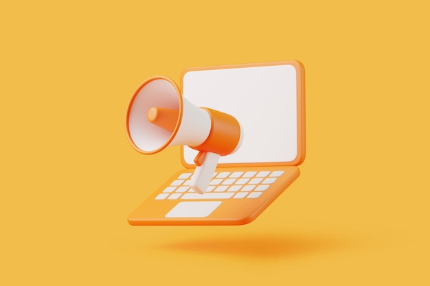3D-Laptop mit Megafon für digitale Werbung