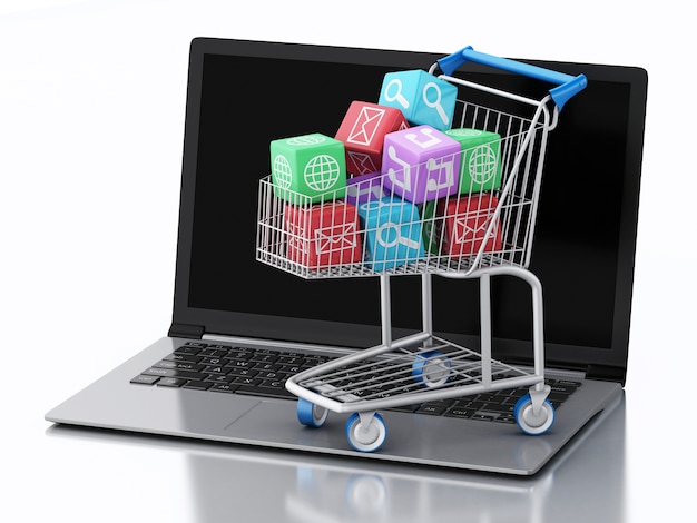 3D Laptop pc con iconos de aplicaciones en carrito de compras.
