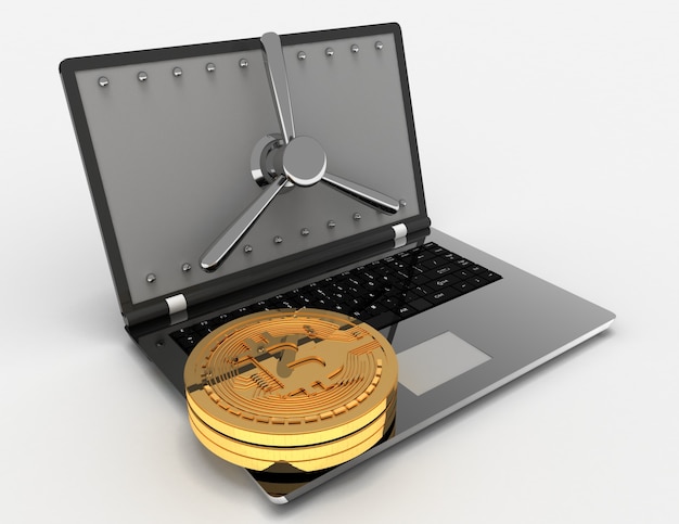 3D-Laptop und Bitcoins. 3D gerenderte Darstellung