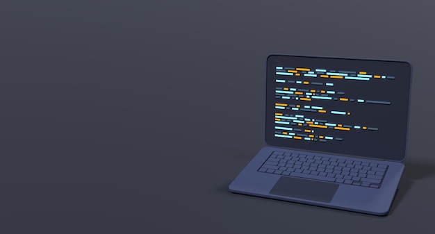 3D-Laptop und Programmcode-Entwicklung Web-Coding-Konzept Codierungsbildschirm 3D-Rendering 3D-Rendering eines Laptops 3D-Render-Illustration