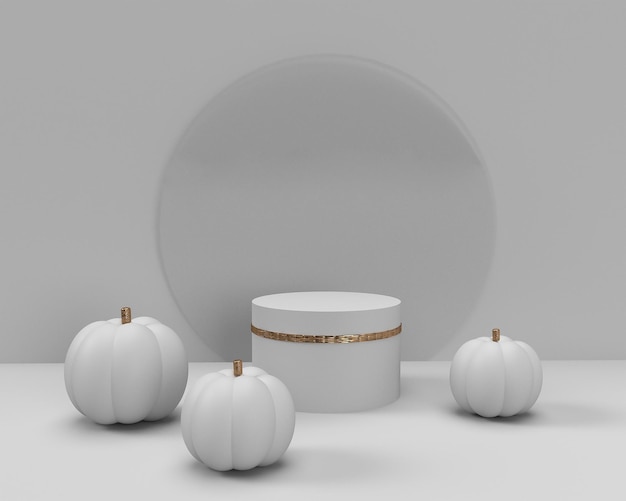 3d layout de luxo cena de halloween com pódio de produto em fundo branco. plataforma de palco de abóboras