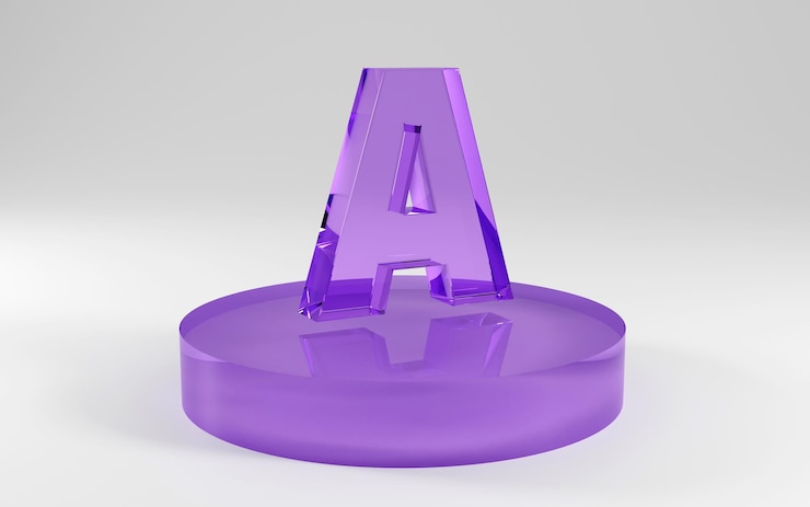 Foto 3d letras del alfabeto forma hecha de vidrio púrpura sobre fondo gris 3d render letra a