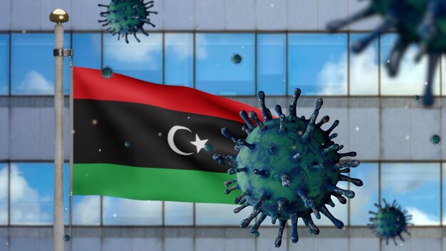 3D, libysche Flagge weht mit moderner Wolkenkratzerstadt und Coronavirus 2019 nCov-Konzept. Asiatischer Ausbruch in Libyen, Coronaviren Influenza als gefährliche Pandemie. Mikroskop-Virus Covid19