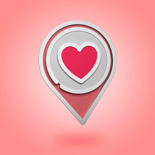 3D-Liebesähnliches Herz-Pin-Deal-Symbol isoliert auf rotem Hintergrund mit Schatten-3D-Rendering.