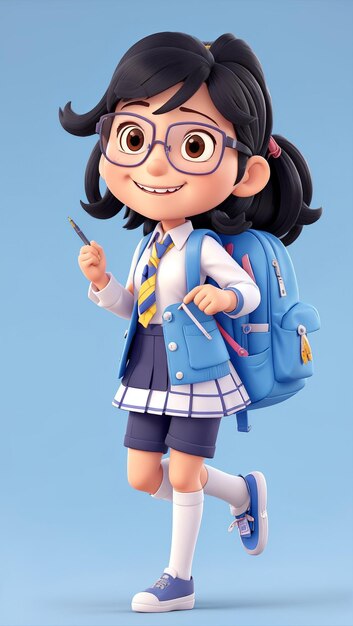 3d linda colegiala personaje de dibujos animados gafas feliz celebración salto