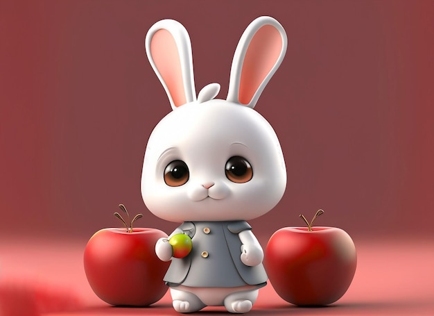 3d lindo bebé conejito blanco sosteniendo una gorra y usando un vestido en su mano un fondo sólido de manzana