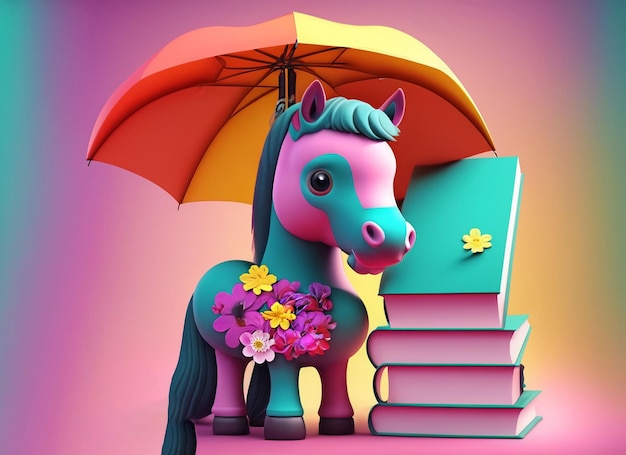 3d lindo caballo esponjoso con flores libro bajo el paraguas sentarse al lado del río