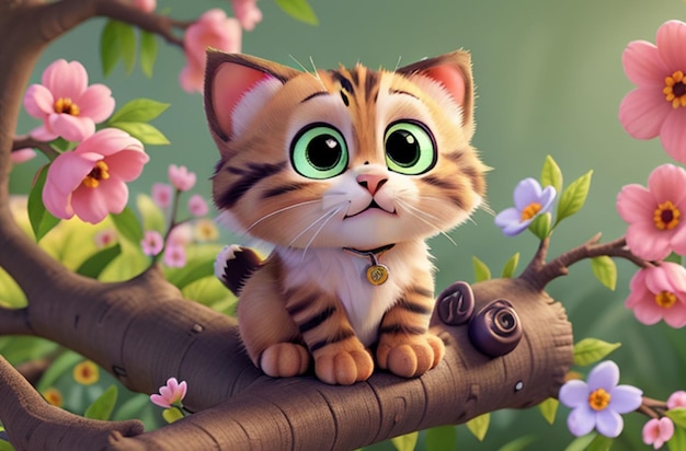 3D Lindo gato con los ojos muy abiertos y flores y bayas a su alrededor IA generativa