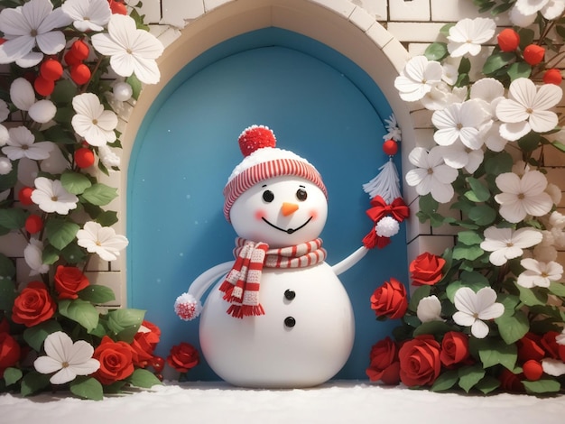 3d lindo hombre de nieve en la pared fondo floral de Navidad Navidad d decoración navideña pequeño muñeco de nieve