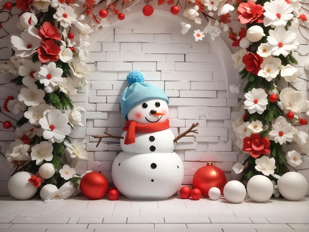 3d lindo hombre de nieve en la pared fondo floral de Navidad Navidad d decoración navideña pequeño muñeco de nieve