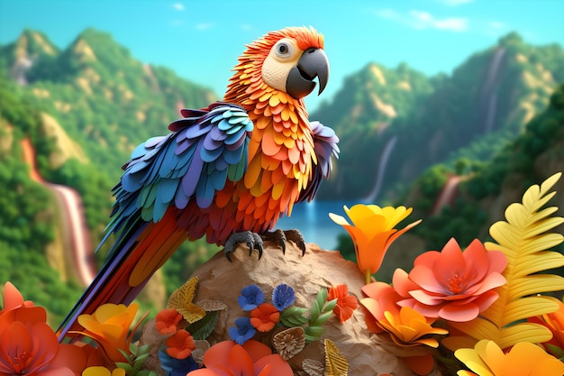 3D lindo loro colorido con flores en la montaña Ai generado