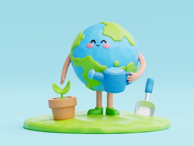 3D lindo personaje de dibujos animados de la tierra día mundial del medio ambiente salvar el planeta y la energía eco amigable representación 3d