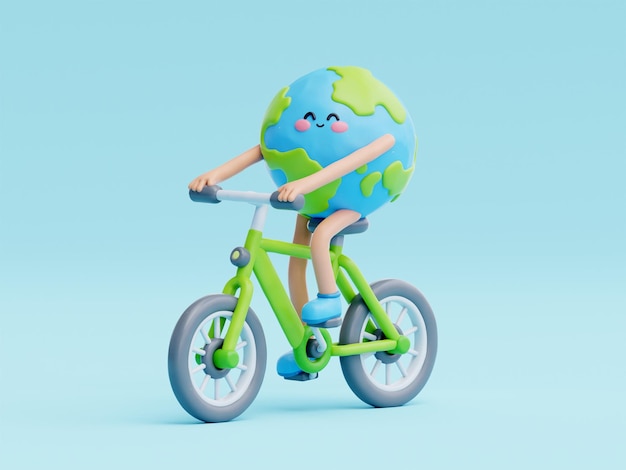 3D lindo personaje de dibujos animados de la tierra día mundial del medio ambiente salvar el planeta y la energía eco amigable representación 3d