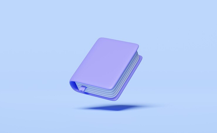 Foto 3d livro de texto roxo livro próximo isolado em fundo azul educação conhecimento cria ideias conceito mínimo abstrato 3d render ilustração