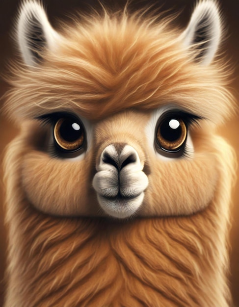 3d llama esponjoso adorable lindo grandes ojos circulares reflectantes largo pelaje difuso 3D render smo
