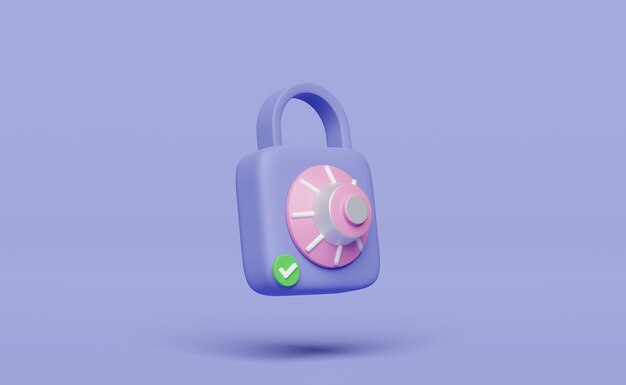 3D-Lock-Schlüssel-Symbol mit Passwort unsicher isoliert auf lila Hintergrund Sicherheit Datenschutz minimales Konzept 3D-Render-Illustration