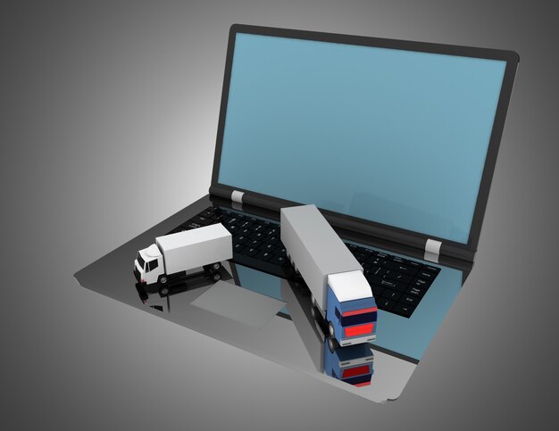 3D-Logistikkonzept. LKW und Laptop. 3D-Darstellung