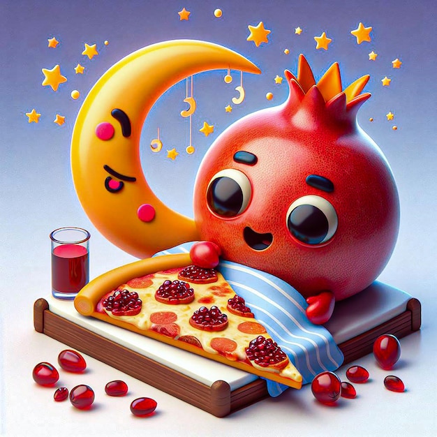 Foto 3d lullaby lindo feliz personaje de dibujos animados granada con pizza en la noche de yalda