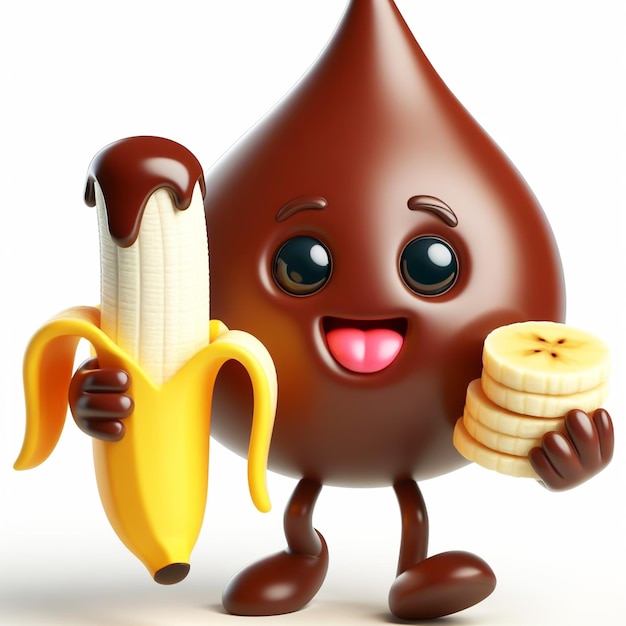 3D-Lustige Karikatur von einem Schokoladendropfen, der eine Banane auf weißem Hintergrund isst, generiert von KI