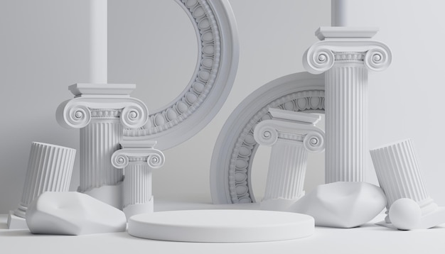 3D-Luxus-Podium mit römischer Säule für Produkthintergrund mit weißem Hintergrund