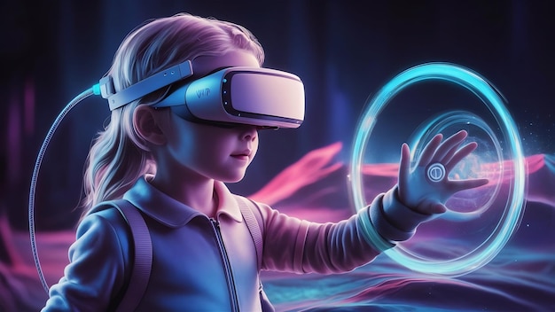 3D-Mädchen mit futuristischen VR-Brillen und Metaverse-Ring