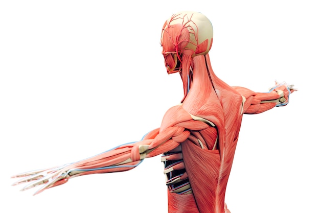 3d man render anatomía mostrando esqueleto y sistema muscular