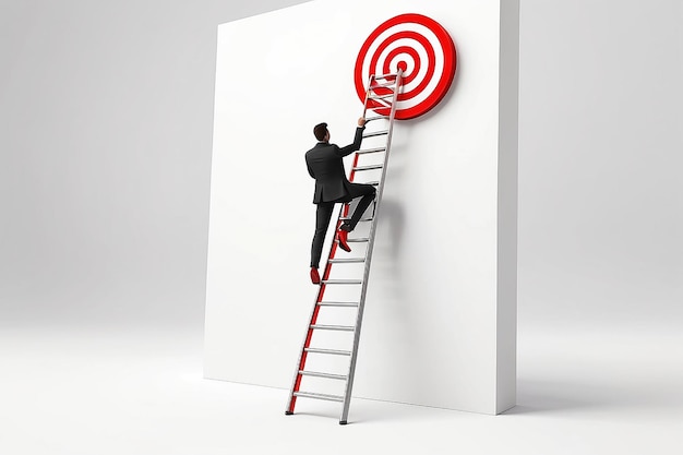 3D-Mann klettert mit einer Leiter zum roten Ziel in Wortziel auf weißem Hintergrund Geschäftskonzept