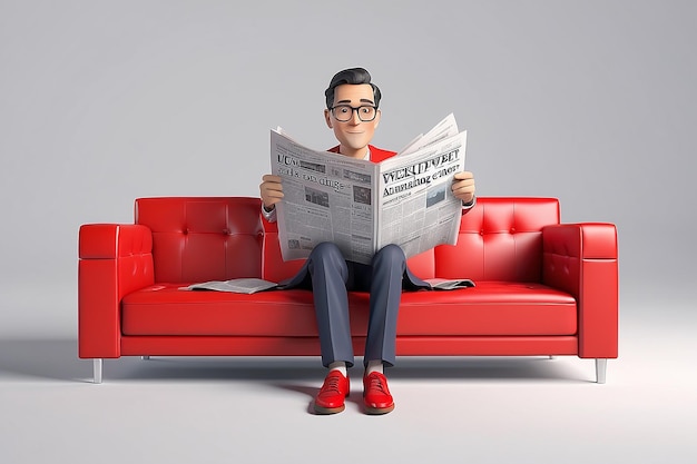 3D-Mann liest die Zeitung in einem roten Sofa auf Weiß