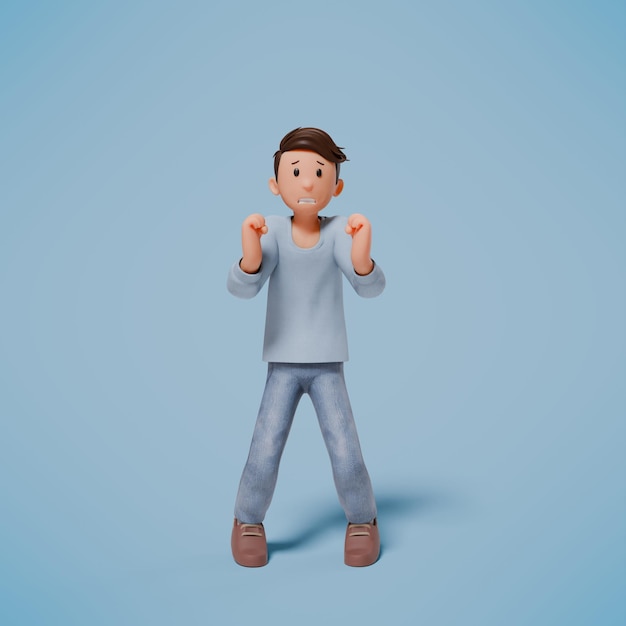 3D-Mann Panik und Angst, indem er seine Beine leicht biegt, während er seine Fäuste zusammenschließt