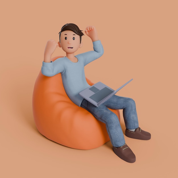 3D-Mann sitzt mit seinem Laptop auf dem Oberschenkel auf einem Beensack und freut sich, etwas auf dem Laptop zu bekommen