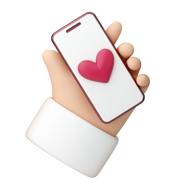 3d mano humana con teléfono móvil con icono de símbolo de corazón