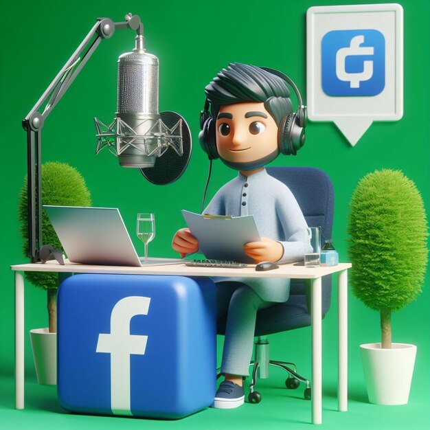 3D Mans Podcast Oasis live auf Facebook fesselt das Publikum vor einem leuchtend grünen Studio