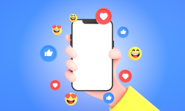 3D mão segurando o celular com ícones de mídia social curtidas e emojis para maquete de telefone