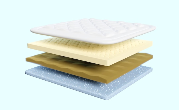 3D-Matratze aus 4 Schichten mit weichem Sponge-Latex-Speicherschaum, isoliert auf blauem Hintergrund, minimal abstrakte 3D-Rendering-Illustration