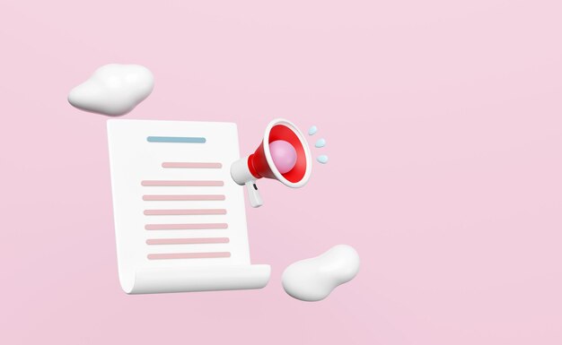 3d megáfono rojo altavoz de mano con nube lista de comprobación papel clipboard aislado en rosa anunciar noticias de promoción contratación personal recursos humanos búsqueda de trabajo aplicación de trabajo concepto 3d render