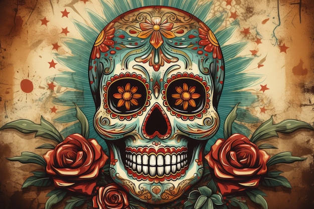 3D mexikanischer Totenkopf auf Grunge-Hintergrund