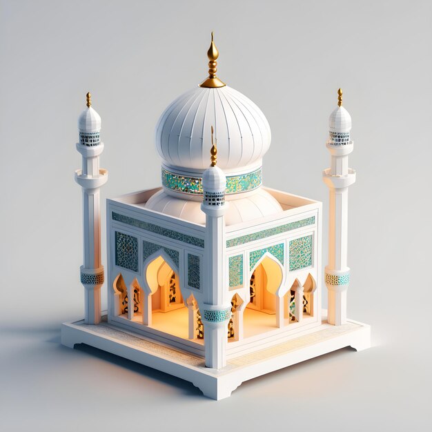 3d de una mezquita en miniatura con fondo blanco