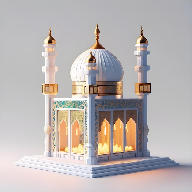 3d de una mezquita en miniatura con fondo blanco