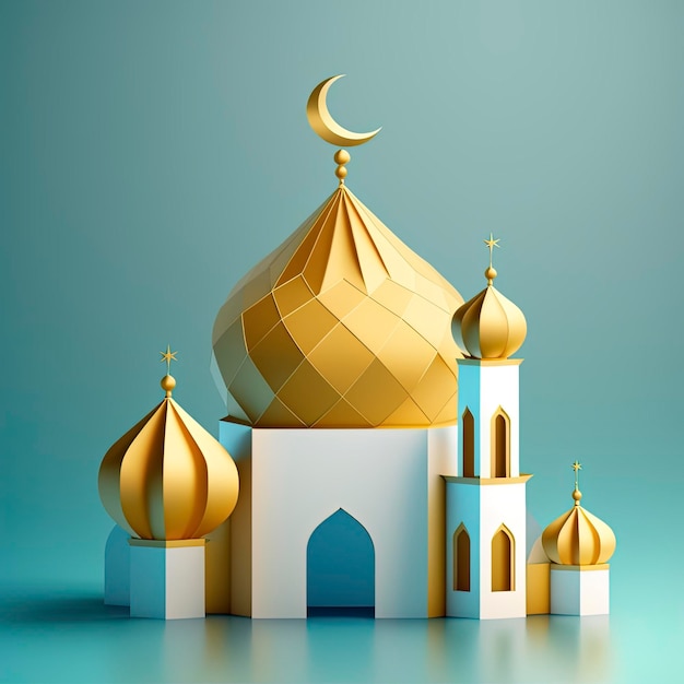 3D-Miniaturillustration einer Moschee mit golden leuchtender Kuppel