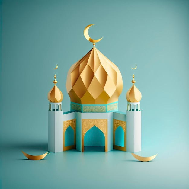 3D-Miniaturillustration einer Moschee mit golden leuchtender Kuppel