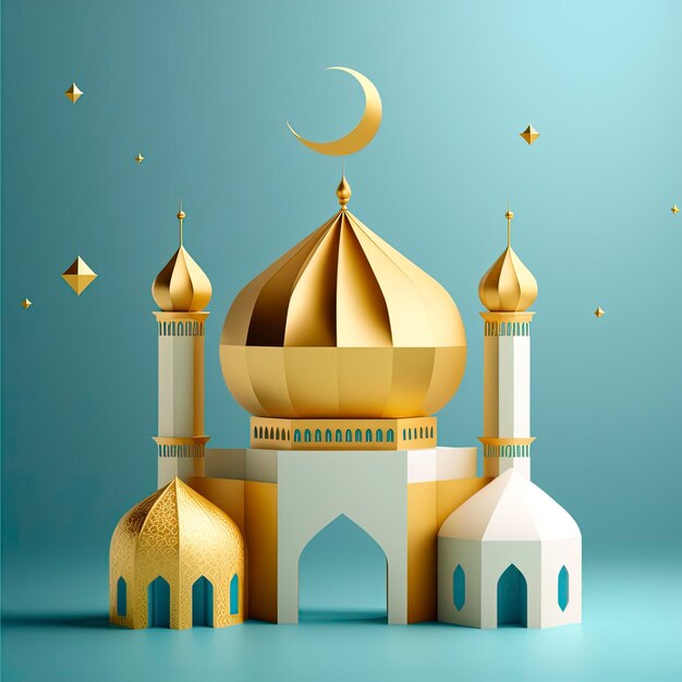 3D-Miniaturillustration einer Moschee mit golden leuchtender Kuppel