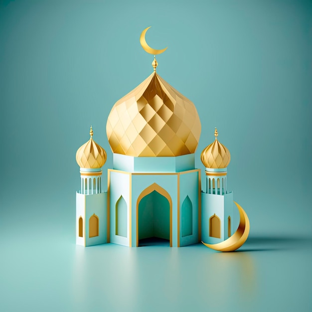 3D-Miniaturillustration einer Moschee mit golden leuchtender Kuppel